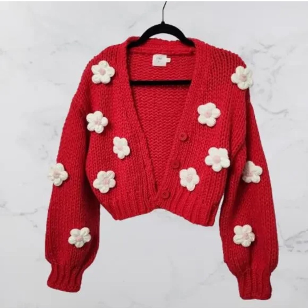 LUNA IVY Red Chunky Knit Crocheted Flower Crochet Rosette Cardigan Sweater S - Picture 3 of 9